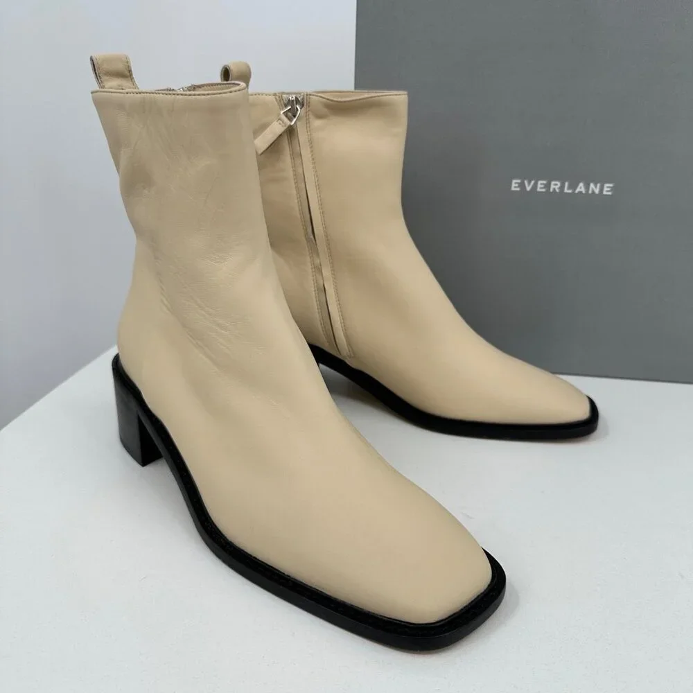 Everlane The City Boot in Cream Leather 9.5 Women's Side Zip Block Heel Ankle